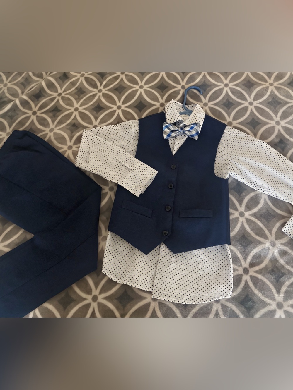Van Heusen 4 pc. Navy Blue Vest Set with White Polka Dot Shirt and Plaid Bow Tie